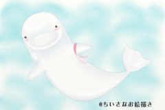 乳がん検診啓発用に描いたイラストです。白イルカの腕のリボンは、乳がん啓発運動のシンボル、ピンクリボンです。お絵描きアプリArtrageの水彩画ツールで着色